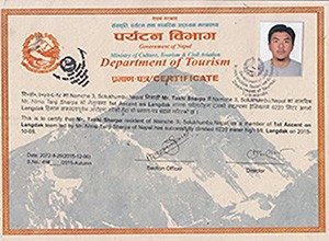 Certificate of Mt. Langdak