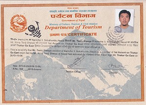 Certificate of Mt. Thakar Go East