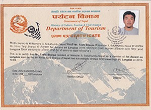 Certificate of Mt. Langdak
